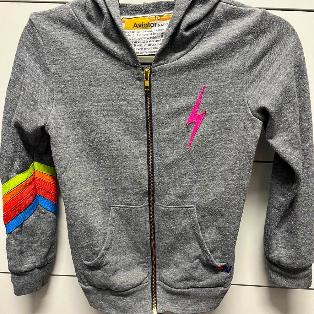 Aviator Nation Neon Stripes Grey Zip Up Hoodie Kids Sz 10 🌈